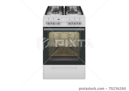 Kitchen Gas Stove with 4 Burners and Oven, front view. 3D rendering Kitchen Gas Stove with 4 Burners and Oven, front view. 3D rendering 70256260