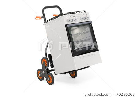 Hand truck with gas stove. Appliance delivery concept. 3D rendering 70256263