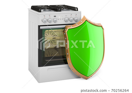 Gas stove with shield. Guarantee and protection gas range with oven concept. 3D rendering 70256264