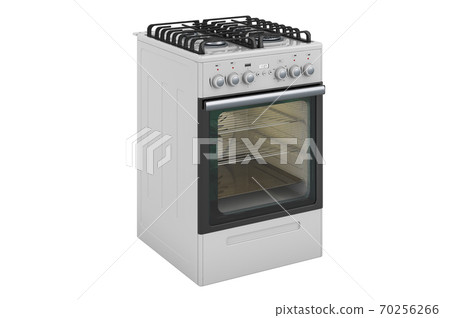 Freestanding gas range with oven, side view. 3D rendering Freestanding gas range with oven, side view. 3D rendering 70256266