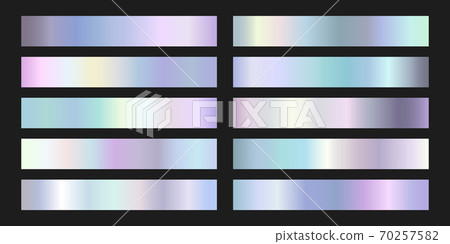 Collection of iridescent silver foil gradients. Vector illustration of holographic neon metallic texture set. Realistic metal design template elements Collection of iridescent silver foil gradients. Vector illustration of holographic neon metallic texture set. Realistic metal design template elements 70257582