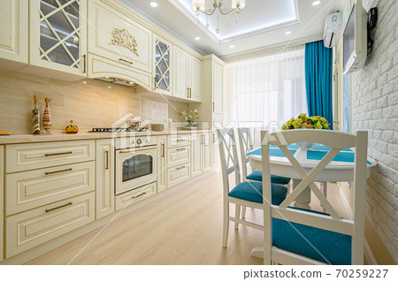 Beige, white and cyan furniture at kitchen in provence style, Beige, white and cyan furniture at kitchen in provence style, 70259227