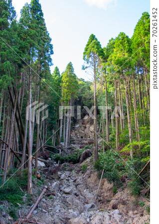 Landslide after heavy rain Damage caused by landslides in cedar forest Landslide after heavy rain Damage caused by landslides in cedar forest 70261452