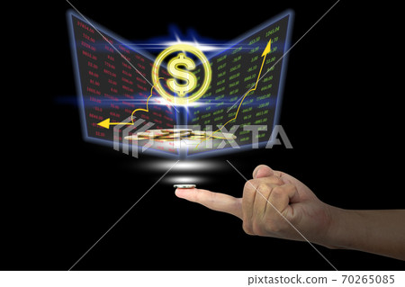 Coin on the finger with icon dollar and chart Coin on the finger with icon dollar and chart 70265085