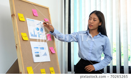 Female manager is explaining about the planning of the work to understand the staff. 70265265