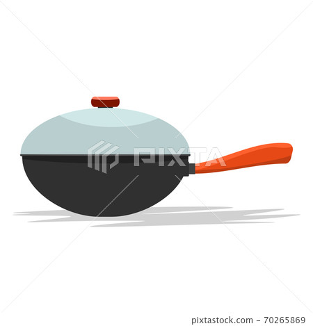 Frying pan with handle and cover. From side view. Flat and solid color vector illustration. Frying pan with handle and cover. From side view. Flat and solid color vector illustration. 70265869