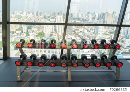 Equipment Sport Exercise Fitness Background Dumbbells Stock Photo