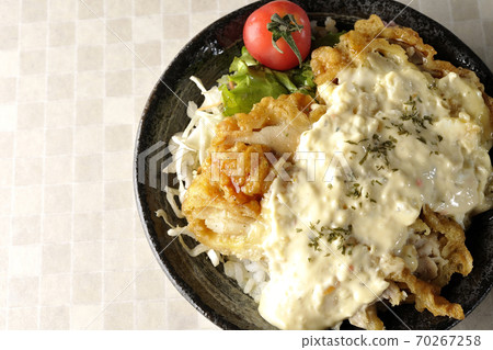 雞肉南板碗,上面有許多塔塔醬和蔬菜,例如櫻桃番茄(頂視圖) 雞肉南板碗,上面有許多塔塔醬和蔬菜,例如櫻桃番茄(頂視圖) 70267258