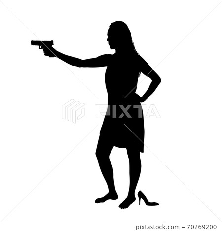 Girl shooting, female isolated silhouette. Beautiful woman spy in shootout. Heroine stands and aims Girl shooting, female isolated silhouette. Beautiful woman spy in shootout. Heroine stands and aims 70269200