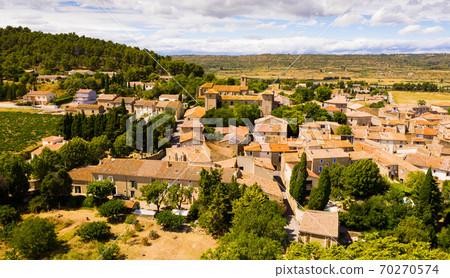 Aerial view of French township of Fontcouverte in summer Aerial view of French township of Fontcouverte in summer 70270574