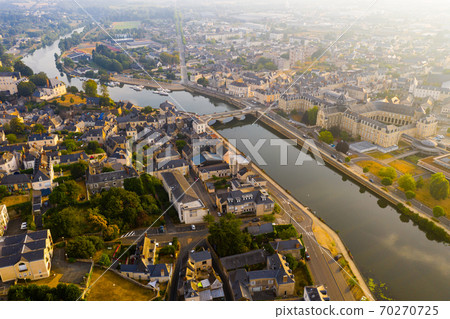 Panoramic view from above on the city Chateau-Gontier and Mayenne river Panoramic view from above on the city Chateau-Gontier and Mayenne river 70270725