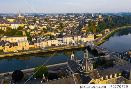 Flight over the city Chateau-Gontier Mayenne river on summer day Flight over the city Chateau-Gontier Mayenne river on summer day 70270729