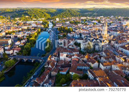 Drone view of French city of Perigueux during summer sunset Drone view of French city of Perigueux during summer sunset 70270770