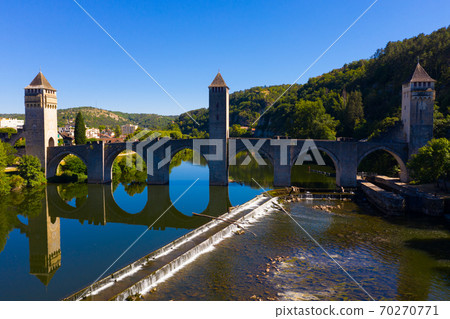 View from drone of Valentre bridge in Cahors, France View from drone of Valentre bridge in Cahors, France 70270771