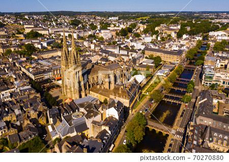 Drone view of Quimper on Odet river with cathedral, France Drone view of Quimper on Odet river with cathedral, France 70270880