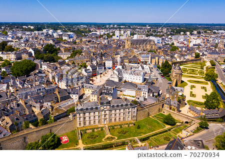 Drone view of Vannes overlooking city walls and floral lawns, France Drone view of Vannes overlooking city walls and floral lawns, France 70270934