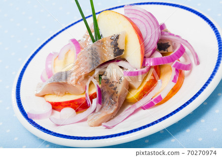 Slices of mild-cured herring with potatoes and onions served on plate Slices of mild-cured herring with potatoes and onions served on plate 70270974