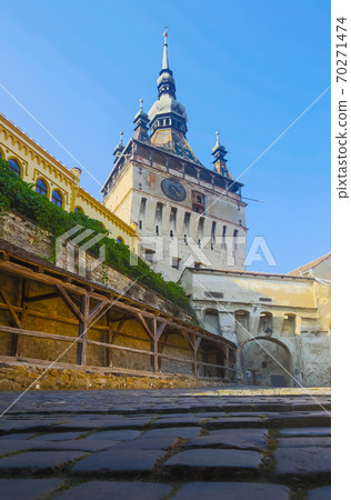 View of clock tower from fortress square in Sighisoara View of clock tower from fortress square in Sighisoara 70271474