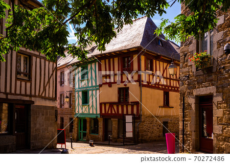 Beautiful cityscape of the ancient traditional houses with wooden beams in Saint-Brieuc. France Beautiful cityscape of the ancient traditional houses with wooden beams in Saint-Brieuc. France 70272486