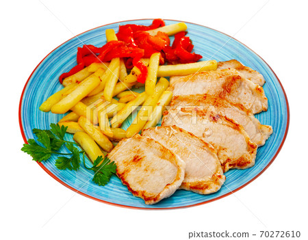 Sliced pork with french fries and pepper 70272610