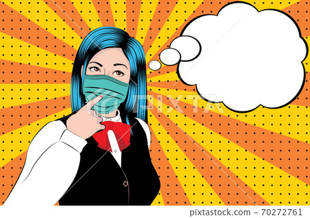 Thoughtful woman in face mask pop art Thoughtful woman in face mask pop art 70272761