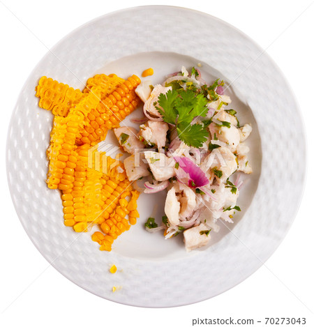 Ceviche of trout served with onion, parsley and corn Ceviche of trout served with onion, parsley and corn 70273043
