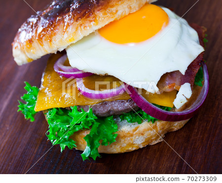 Delicious hamburger with beef cutlet, fried egg, lettuce and cheese 70273309