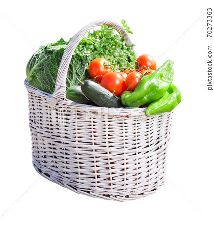 Basket with fresh vegetables in kitchen garden 70273363