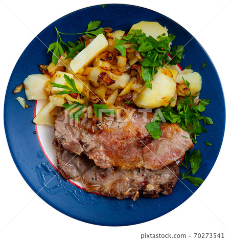 Delicious baked pork with potatoes and greens, nobody 70273541