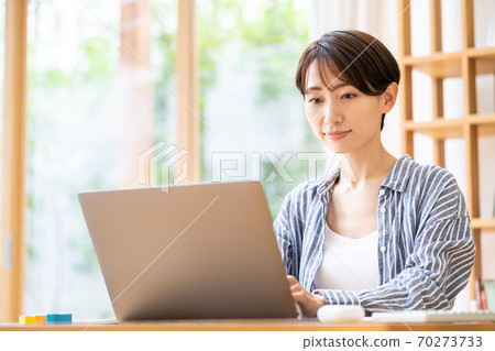 Middle woman teleworking in the living room Middle woman teleworking in the living room 70273733