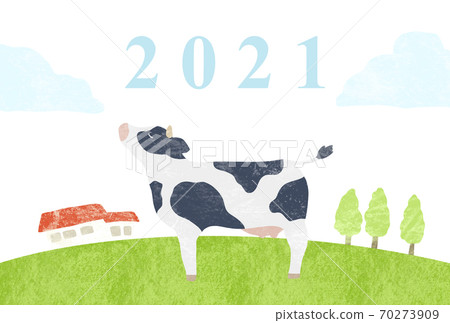 牛站在牧場上的新年賀卡插圖 牛站在牧場上的新年賀卡插圖 70273909