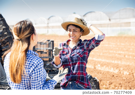 Cheerful Peruvian woman farmer talking to young workwoman Cheerful Peruvian woman farmer talking to young workwoman 70277409