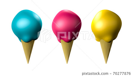 3D rendering.Realistic set of Ice cream scoops in the cones mock up,  isolated on white background. 70277876