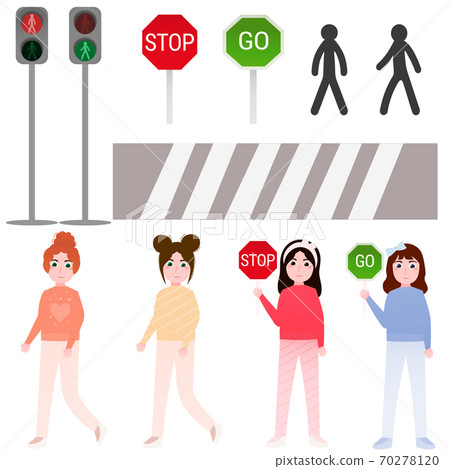 Set of elements for pedestrian rules for kids, little girls crossing road, traffic lights, road sign stop and go Set of elements for pedestrian rules for kids, little girls crossing road, traffic lights, road sign stop and go 70278120