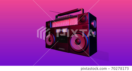 3d rendering, Realistic mock up of retro radio with antenna up, side view shot, pink and blue neon light color background 3d rendering, Realistic mock up of retro radio with antenna up, side view shot, pink and blue neon light color background 70278173