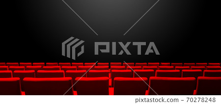 Cinema movie theatre with red seats rows and a black background. Horizontal banner 70278248