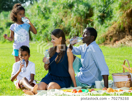 Family drinking water at picnic 70279288