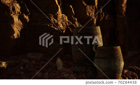 old wooden vintage wine barrels near stone wall in canyon old wooden vintage wine barrels near stone wall in canyon 70284438