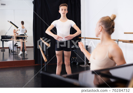 Female choreographer teaches young dancer in ballet studio Female choreographer teaches young dancer in ballet studio 70284732