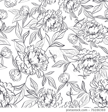 Black and white floral seamless pattern with peonies 70286369