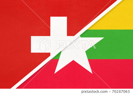 Switzerland and Myanmar or Burma, symbol of national flags from textile. Championship between two countries. Switzerland and Myanmar or Burma, symbol of national flags from textile. Championship between two countries. 70287063