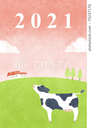 牛站在牧場上的新年賀卡插圖 牛站在牧場上的新年賀卡插圖 70287176
