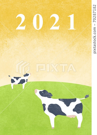 牛站在牧場上的新年賀卡插圖 牛站在牧場上的新年賀卡插圖 70287182