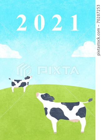 牛站在陽光明媚的牧場的新年賀卡插圖 牛站在陽光明媚的牧場的新年賀卡插圖 70287253