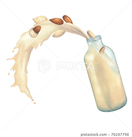 Watercolor plant based milk pouring out from the glass bottle with a splash of almonds 70287798