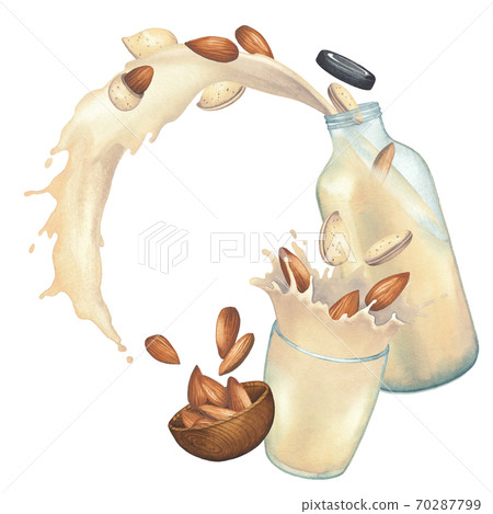 Circular watercolor design with almonds, glass, bottle and milk splash 70287799