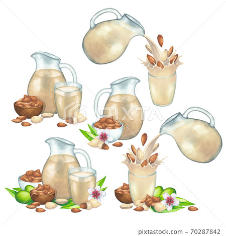 Watercolor collection of plant based milk in the glasses and jugs decorated with bowls, almonds Watercolor collection of plant based milk in the glasses and jugs decorated with bowls, almonds 70287842