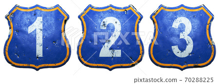 Set of Public road signs in blue and orange color with a white numbers 1, 2, 3 in the center isolated white background. 3d Set of Public road signs in blue and orange color with a white numbers 1, 2, 3 in the center isolated white background. 3d 70288225