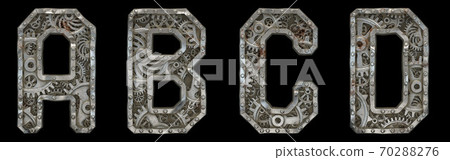 Mechanical alphabet made from rivet metal with gears on black background. Set of letters A, B, C, D. 3D Mechanical alphabet made from rivet metal with gears on black background. Set of letters A, B, C, D. 3D 70288276