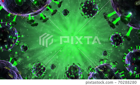3d render of pathogenic virus organism or bacteria infecting and causing disease. Close up from microscope of coronavirus. 3d render of pathogenic virus organism or bacteria infecting and causing disease. Close up from microscope of coronavirus. 70288280